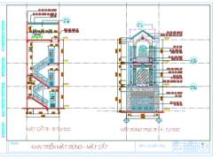 File cad thiết kế nhà phố kích thước 15x5m, 3 tầng(kiến trúc+kết cấu+điện nước+thang thoát hiểm+dự toán...)