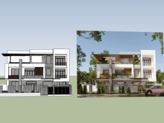 Model sketchup mẫu nhà phố 3 tầng 2 mặt tiền 