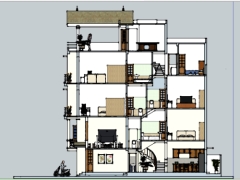 Model sketchup nhà lệch tầng đầy đủ nội thất 6.5x12.5m