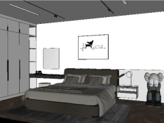 Model Su 3D nội thất chung cư phòng ngủ + làm việc + WC hiện đại