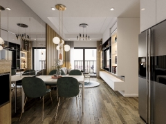 Phối cảnh nội thất căn hộ Phòng khách + Bếp + Ngủ thể hiện model SU 2019