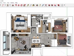 Phối cảnh nội thất tầng 1 Phòng khách - Bếp bàn ăn - Ngủ trên phần mềm Sketchup 2020 + Vray