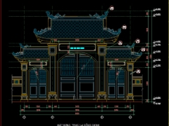 Tam Quan Đền Chợ Hến, Nghệ An, bản vẽ tam quan thiết kế chi tiết, có kết cấu, kích thước cổng 8x2,66m