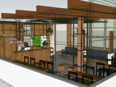 Thiết kế sketchup quán cafe kích thước 6.7x10m