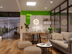 Tòa nhà làm việc tông chủ đạo trắng xanh