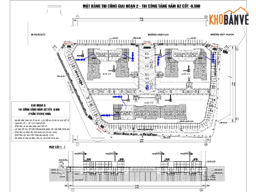 BPTC 2 hầm ép cừ khoan neo,Biện pháp thi công Topdown,BPTC ép cừ kết hợp neo trong đất,Bản vẽ biện pháp thi công hầm ép cừ,Bản vẽ BPTC hầm khoan neo trong đất,BPTC hầm bằng phương án Topdown