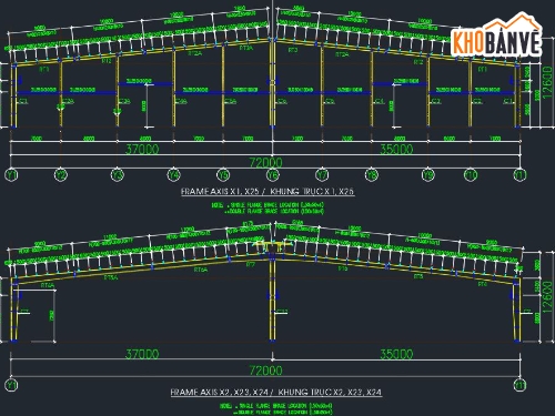 xưởng thép tiền chế,kết cấu thép nhà xưởng,kết cấu nhà thép,Thiết kế kết cấu nhà xưởng 2 nhịp,Bản vẽ nhà xưởng khung thép tiền chế,FIle Autocad kết cấu thép nhà xưởng