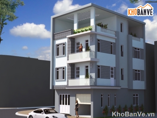 Phương án thiết kế nhà phố 3.5 tầng,Phương án thiết kế nhà phố 3.5 tầng KT 7.5x11.4m,File sketchup và mặt bằng nhà phố 3.5T