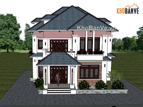 biệt thự 2 tầng,phối cảnh biệt thự,mẫu biệt thự hiện đại,sketchup biệt thự