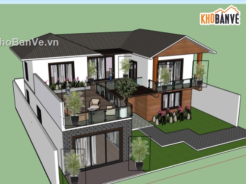 biệt thự 2 tầng,biệt thự sketchup,biệt thự mái nhật,phối cảnh biệt thự