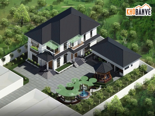 Biệt thự mái thái đẹp,Biệt thự 2 tầng,Bản vẽ nhà mái thái