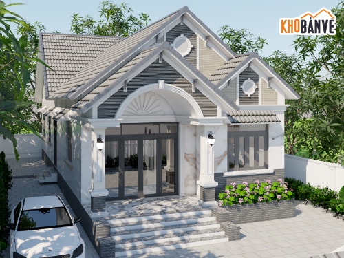 Biệt Thự Mái Thái 7.60x20m - 1 Tầng,Biệt thự mái thái đẹp,Bản vẽ biệt thự mái thái đẹp