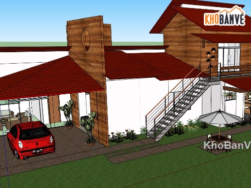 sketchup biệt thự 1 tầng,sketchup biệt thự,su biệt thự