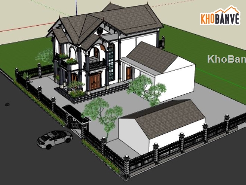 biệt thự vườn file sketchup,file su biệt thự vườn 2 tầng,model su biệt thự vườn,mẫu biệt thự 3 tầng đẹp