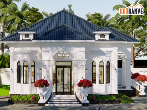 biệt thự 1 tầng,cad biệt thự 1 tầng,bản vẽ biệt thự 1 tầng,biệt thự mái nhật,tân cổ điển mái nhật