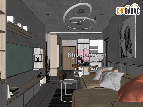 file su khách bếp,model su phòng khách,phòng khách hiện đại,sketchup nội thất phòng khách bếp