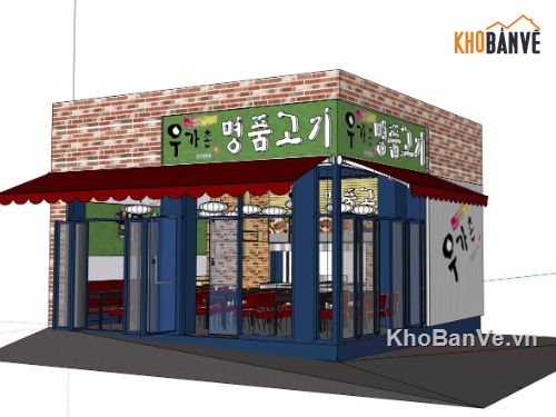 sketchup nhà hàng,nhà hàng thịt sketchup,sketchup phối cảnh nhà hàng