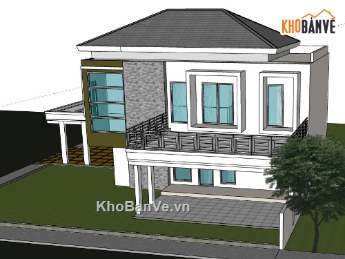 phối cảnh biệt thự 2 tầng,biệt thự 2 tầng,file sketchup biệt thự 2 tầng,thiết kế biệt thự 2 tầng