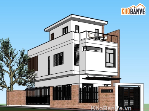 nhà phố 2 tầng 1 tum,phối cảnh nhà phố,model sketchup nhà phố,nhà phố hiện đại