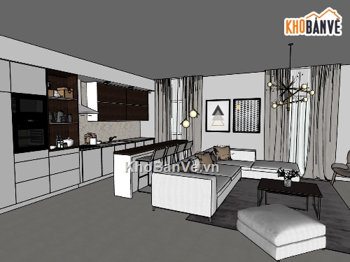 sketchup phòng khách,phòng bếp sketchup,model phòng khách bếp su,phối cảnh phòng khách sketchup