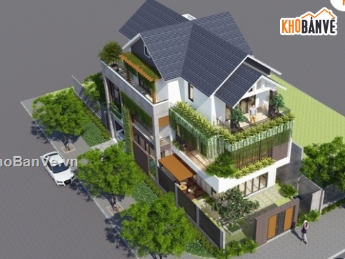 biệt thự 3 tầng,Phối cảnh biệt thự 3 tầng,biệt thự đẹp 3 tầng,Sketchup 3 tầng