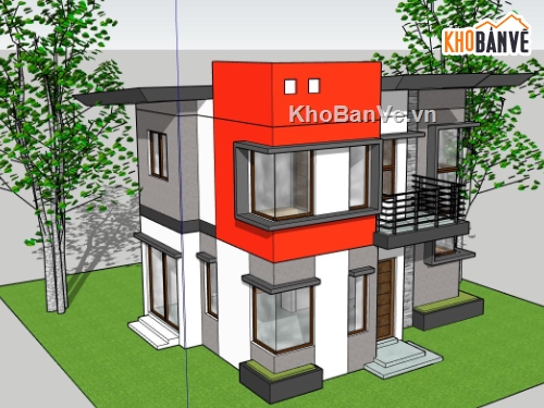 nhà phố 2 tầng,sketchup nhà phố 2 tầng,mẫu su nhà phố hiện đại