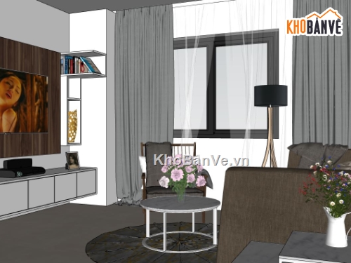 sketchup phòng khách chung cư,sketchup phòng khách bếp chung cư,model su khách bếp chung cư