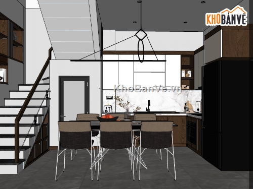sketchup nội thất phòng khách bếp,model 3d phòng khách,bếp ăn dựng 3d su,nội thất phòng khách và bếp