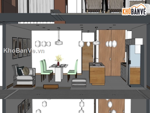 nhà phố sketchup,nội thất nhà phố,sketchup nội thất