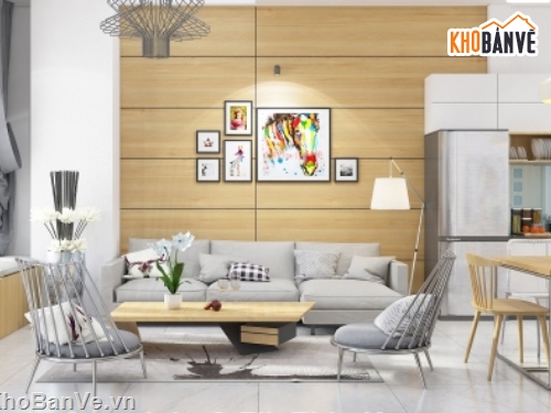 File 3Dmax thiết kế nội thất phòng khách + bếp