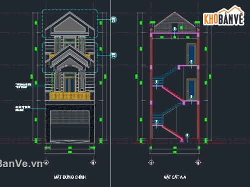 CAD bản vẽ nhà phố 3 tầng,File cad kiến trúc 3 tầng 5x22m,File cad thiết kế nhà 3 tầng,Auotocad kết cấu nhà phố,Cad nhà mái thái 3 tầng 5x22m