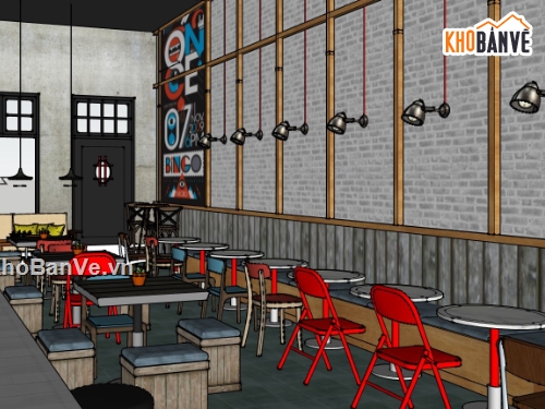 sketchup quán cafe,thiết kế quán cafe,mặt bằng quán cà phê