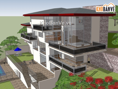 villa 4 tầng,mẫu sketchup villa 4 tầng,file su biệt thự 4 tầng,Phối cảnh villa 4 tầng