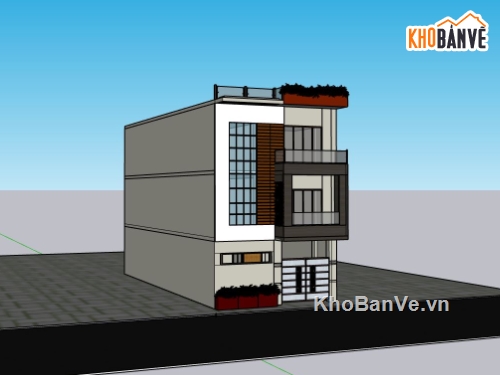 nhà phố 3 tầng,sketchup nhà phố 3 tầng,nhà phố hiện đại