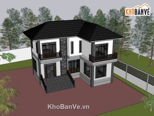 biệt thự 2 tầng,su biệt thự,sketchup biệt thự