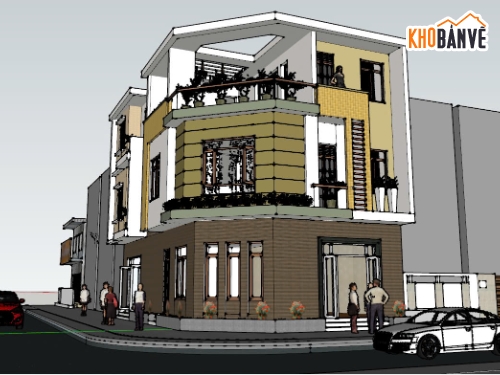 nhà phố sketchup,sketchup nhà lô phố 3 tầng,File sketchup nhà,nhà lô góc phố,nhà phố 3 tầng