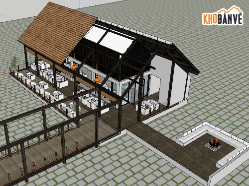 sketchup quán cafe sân vườn,nhà gỗ,homestay nhà gỗ