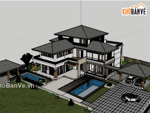 su biệt thự,sketchup biệt thự,biệt thự 3 tầng sân vườn