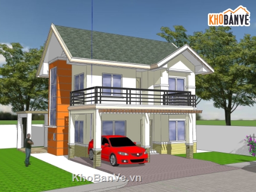 biệt thự 2 tầng,biệt thự sketchup,phối cảnh biệt thự 2 tầng,mẫu biệt thự mái thái