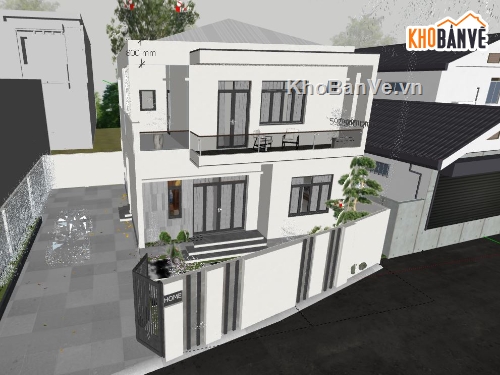ngoại thất nhà 2 tầng,biệt thự nhà 2 tầng,sketchup biệt thự
