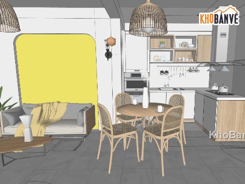 sketchup nội thất nhà phố,sketchup nội thất khách bếp,file sketchup nội thất nhà bếp,mẫu nội thất phòng khách đẹp