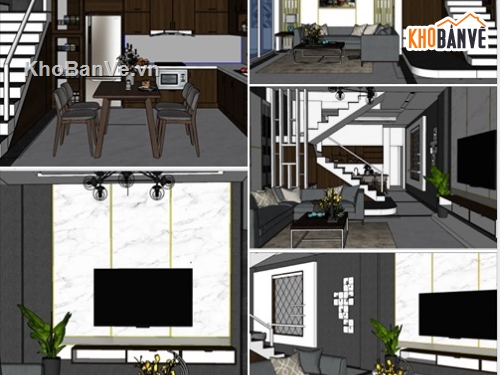 Sketchup thiết kế nội tất căn hộ,Mẫu thiết kế nội thất tầng 1,Mẫu thiết kế tầng 1