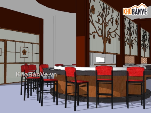 nhà hàng lẩu băng chuyền,file sketchup nhà hàng lẩu nướng,model su nhà hàng lẩu