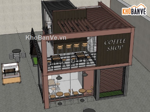 quán cafe file sketchup,quán cafe,sketchup quán cafe,quán cafe 2 tầng