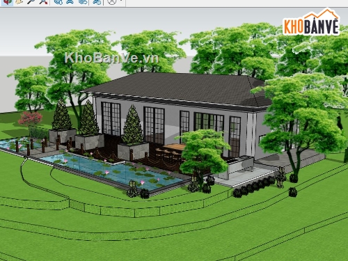 nhà vườn su,nhà vườn có hồ bơi,biệt thự nhà vườn file su,nhà vườn sketchup