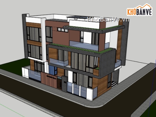 biệt thự sketchup,bản vẽ biệt thự phố 3 tầng,phối cảnh biệt thự 3 tầng,mẫu 3dsu biệt thự 3 tầng