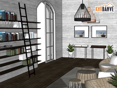 thiết kế nội thất sketchup,sketchup nội thất phòng đọc sách,3d su phòng sách