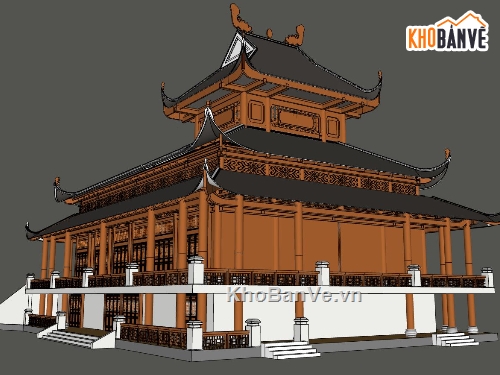 sketchup thiết kế chùa,mẫu dựng chùa đẹp,file sketchup chùa,phối cảnh 3d chùa