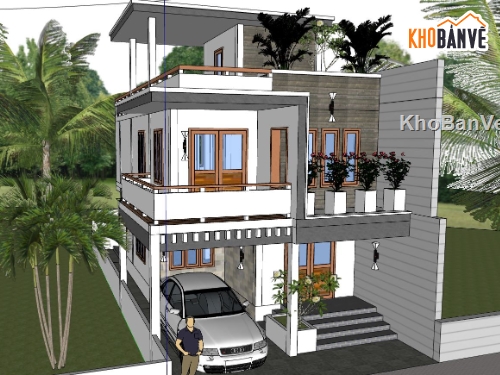 biệt thự 2 tầng,sketchup biệt thự,biệt thự 2 tầng mái bằng,ngoại cảnh biệt thự