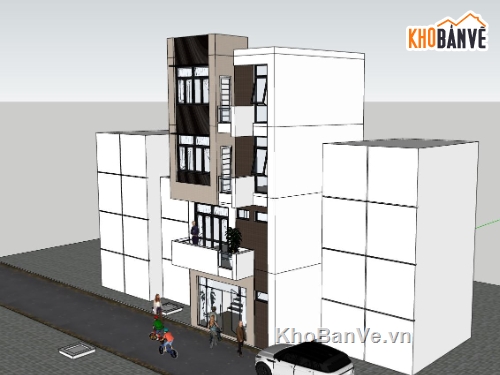 nhà phố 4 tầng,sketchup nhà phố 4 tầng,mẫu phối cảnh nhà phố 4 tầng,model 3d nhà phố 4 tầng